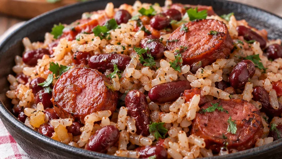 Foto de arroz com Feijão Vermelho e Linguiça de Uma Panela Só pronto para servir