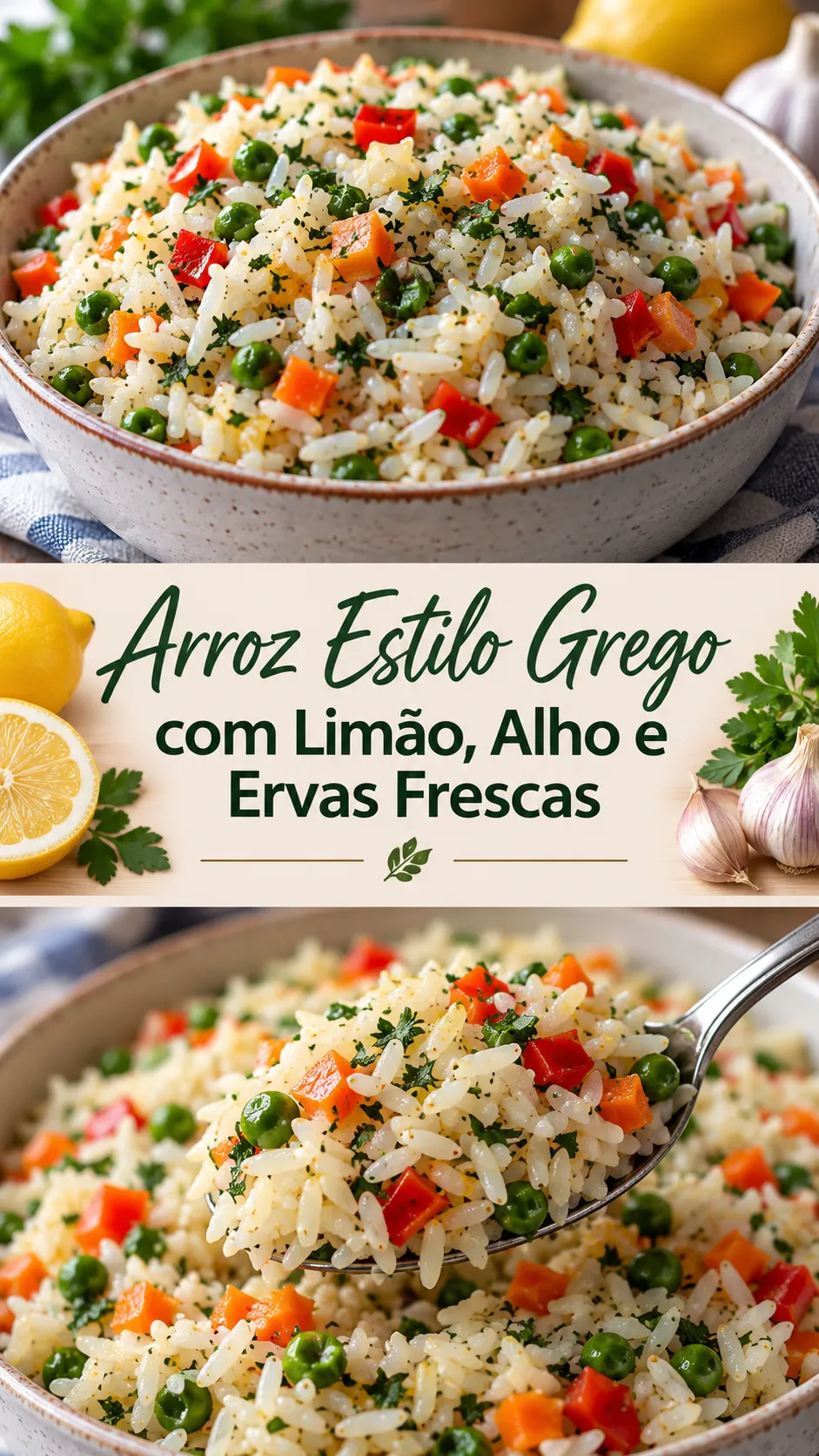 Imagem para o Pinterest com o título “Arroz Estilo Grego com Limão, Alho e Ervas Frescas” e duas fotos da receita