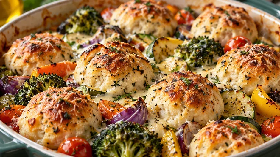 Foto de legumes ao Forno com Bolinhos de Massa e Molho Cremoso de Alho pronto para servir