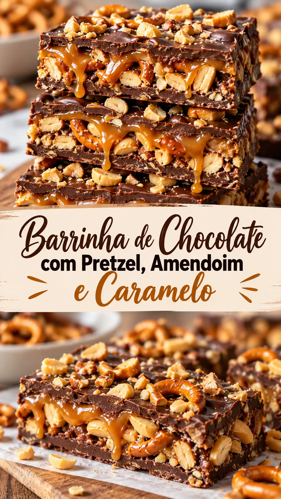 Imagem para o Pinterest com o título “Barrinha de Chocolate com Pretzel, Amendoim e Caramelo” e duas fotos da receita
