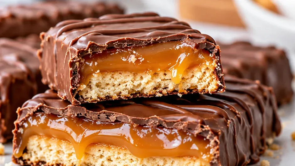 Foto de barrinhas de Biscoito com Caramelo e Chocolate (Estilo Twix) pronto para servir