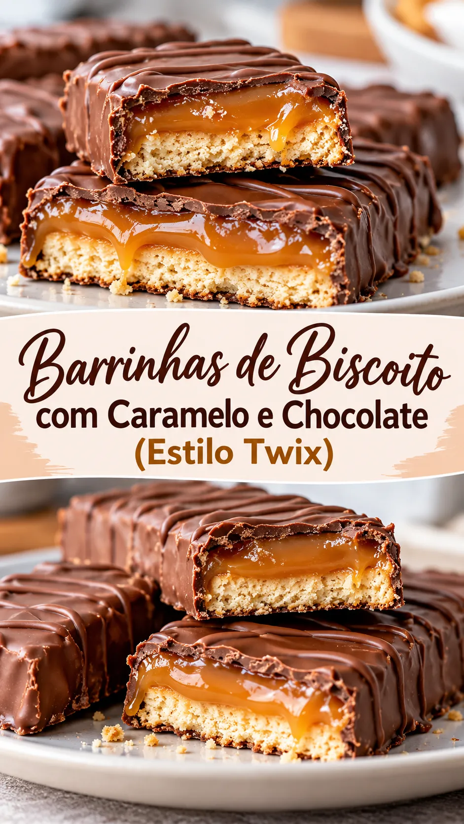 Imagem para o Pinterest com o título “Barrinhas de Biscoito com Caramelo e Chocolate (Estilo Twix)” e duas fotos da receita