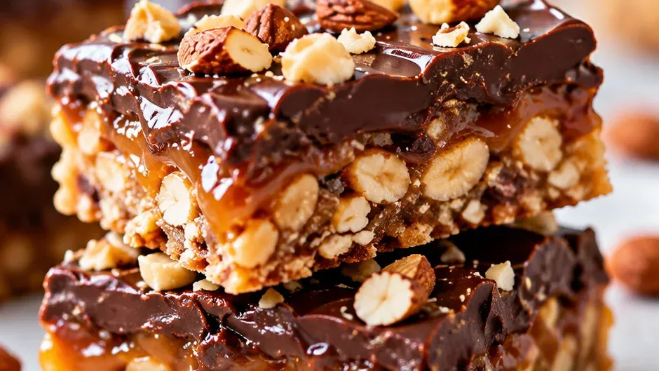 Foto de barrinhas de Castanha com Caramelo e Chocolate pronto para servir