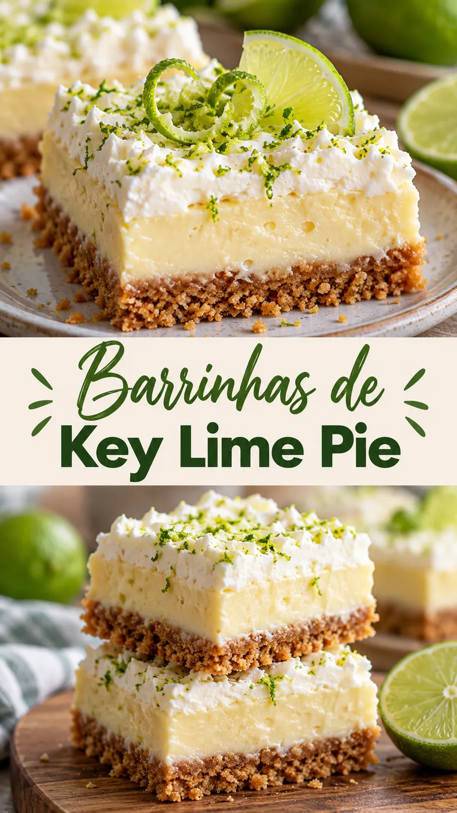 Imagem para o Pinterest com o título “Barrinhas de Key Lime Pie” e duas fotos da receita