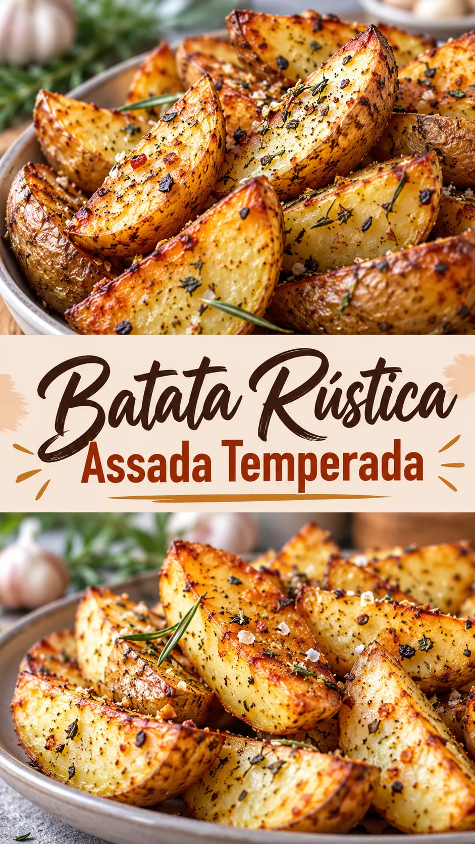 Imagem para o Pinterest com o título “Batata Rústica Assada Temperada” e duas fotos da receita