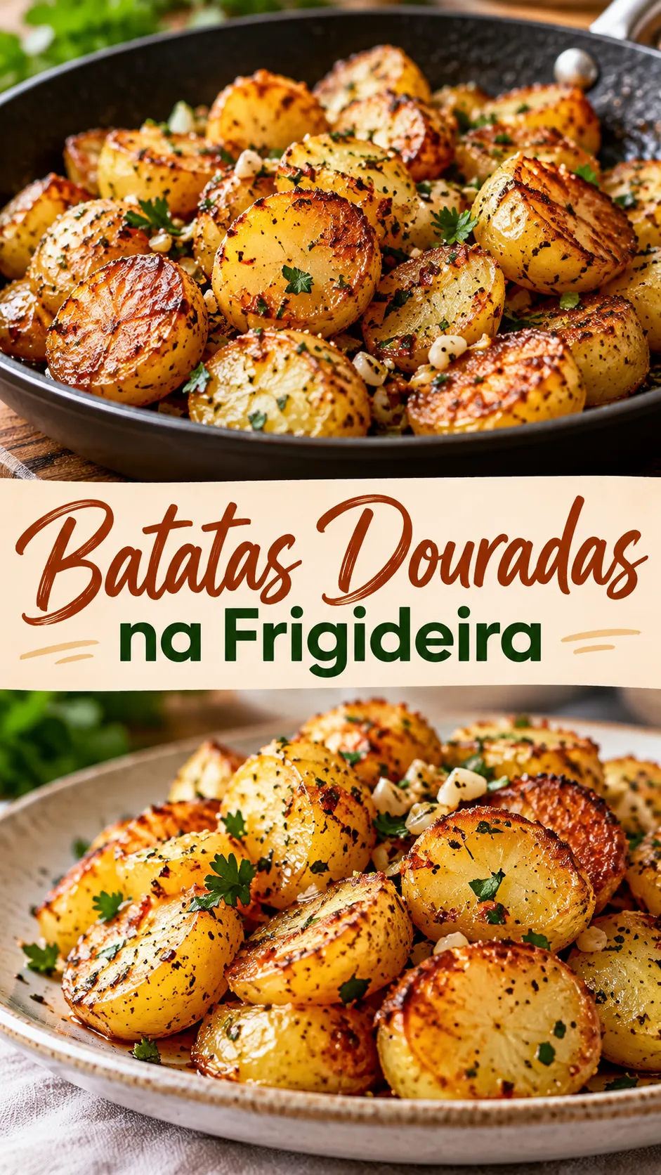 Imagem para o Pinterest com o título “Batatas Douradas na Frigideira” e duas fotos da receita