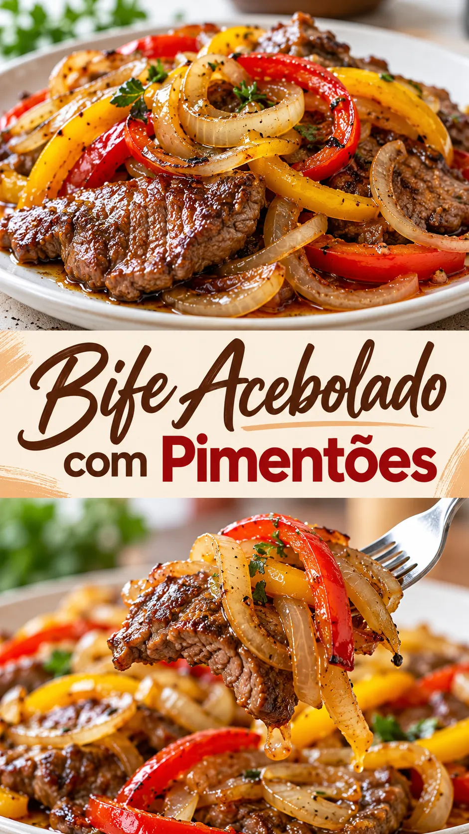 Imagem para o Pinterest com o título “Bife Acebolado com Pimentões” e duas fotos da receita