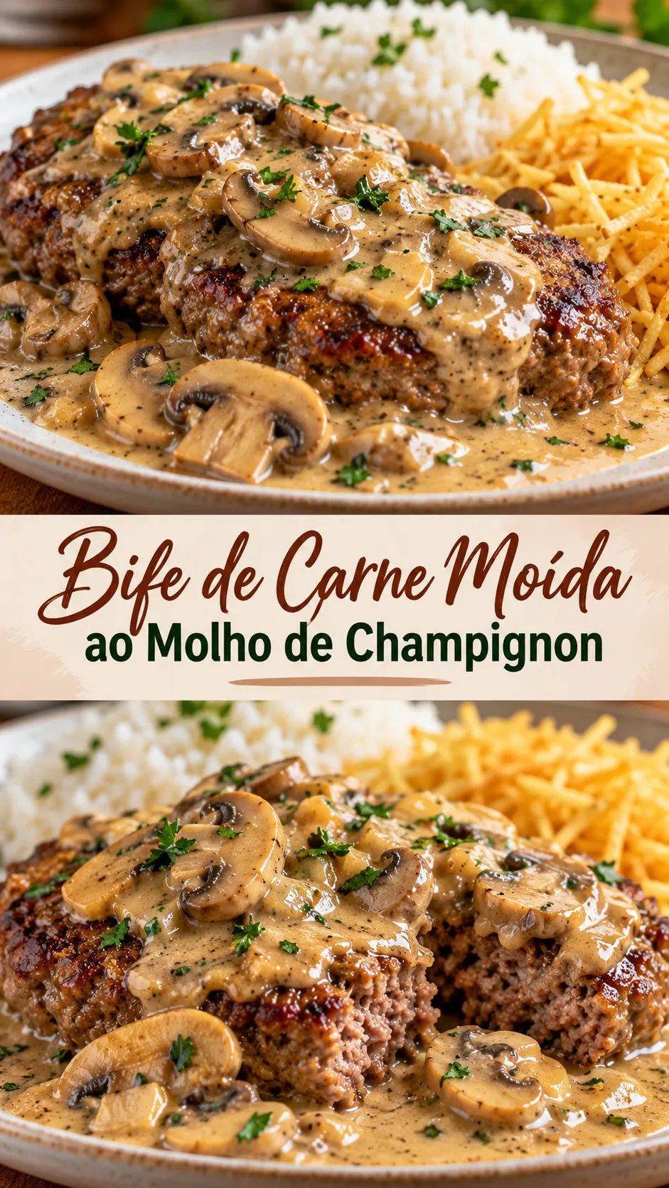 Imagem para o Pinterest com o título “Bife de Carne Moída ao Molho de Champignon” e duas fotos da receita