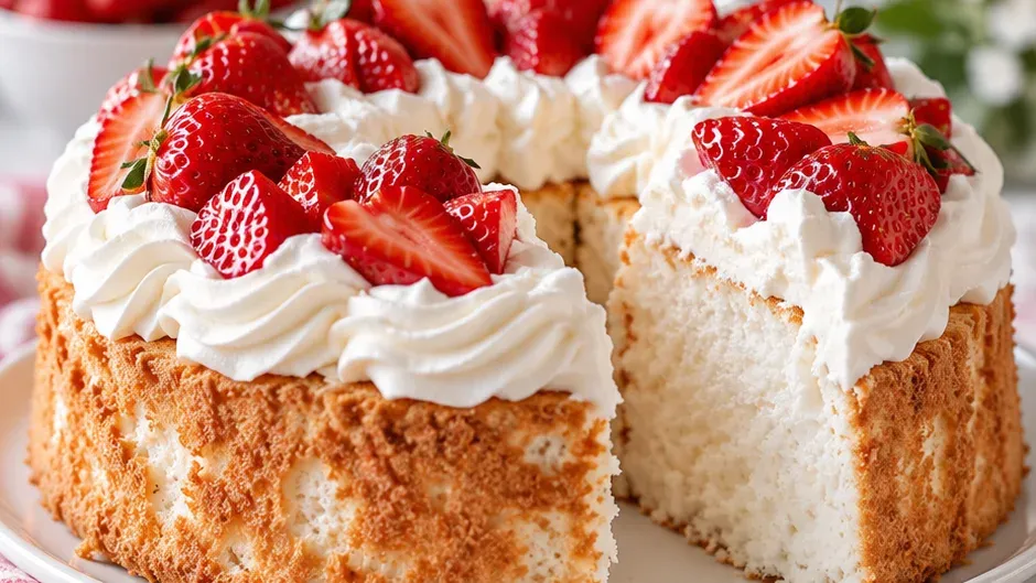 Foto de bolo Angel Food de Claras com Morango e Chantilly pronto para servir