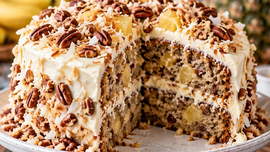 Foto de bolo Beija-Flor (Hummingbird Cake com Banana e Abacaxi) pronto para servir