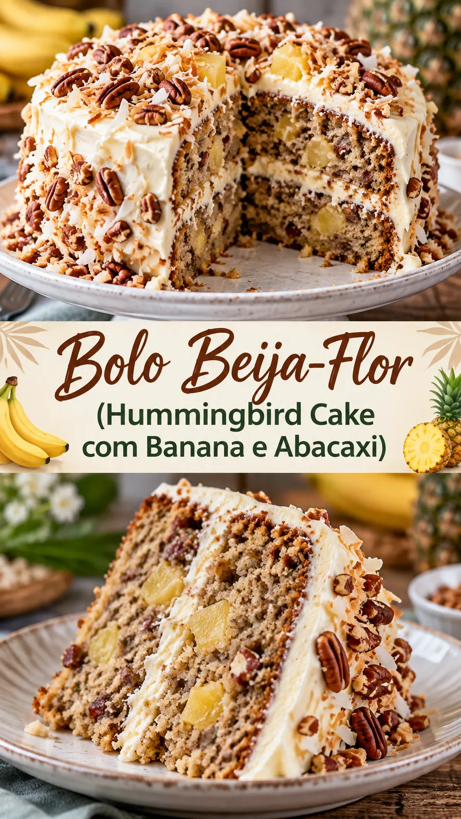 Imagem para o Pinterest com o título “Bolo Beija-Flor (Hummingbird Cake com Banana e Abacaxi)” e duas fotos da receita