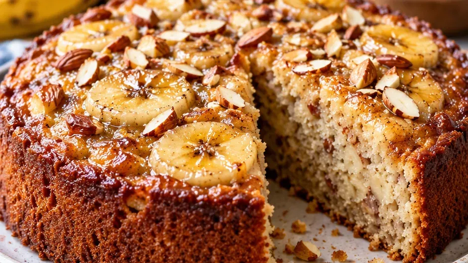 Foto de bolo de Banana com Amêndoas pronto para servir