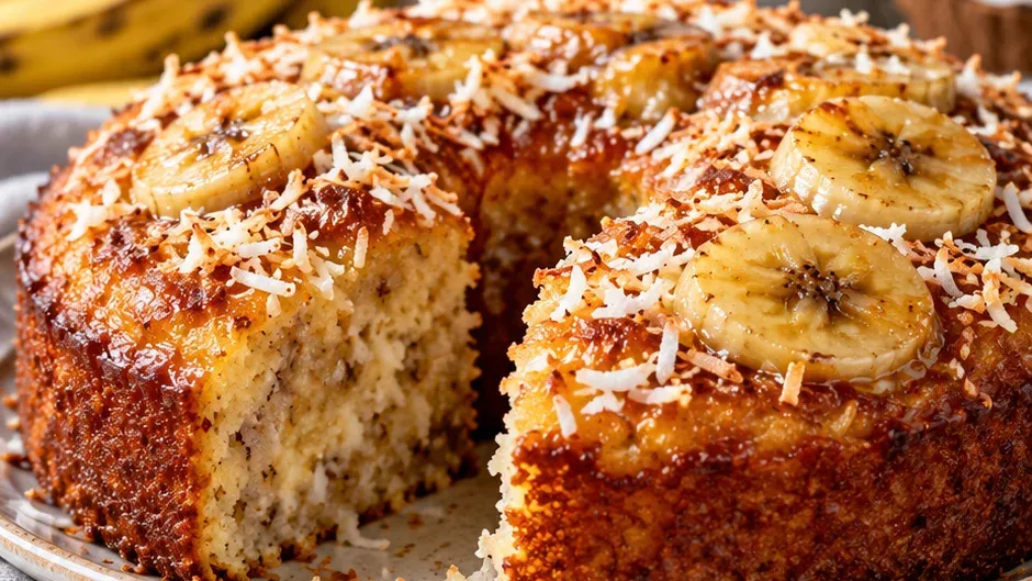 Foto de bolo de Banana com Coco pronto para servir