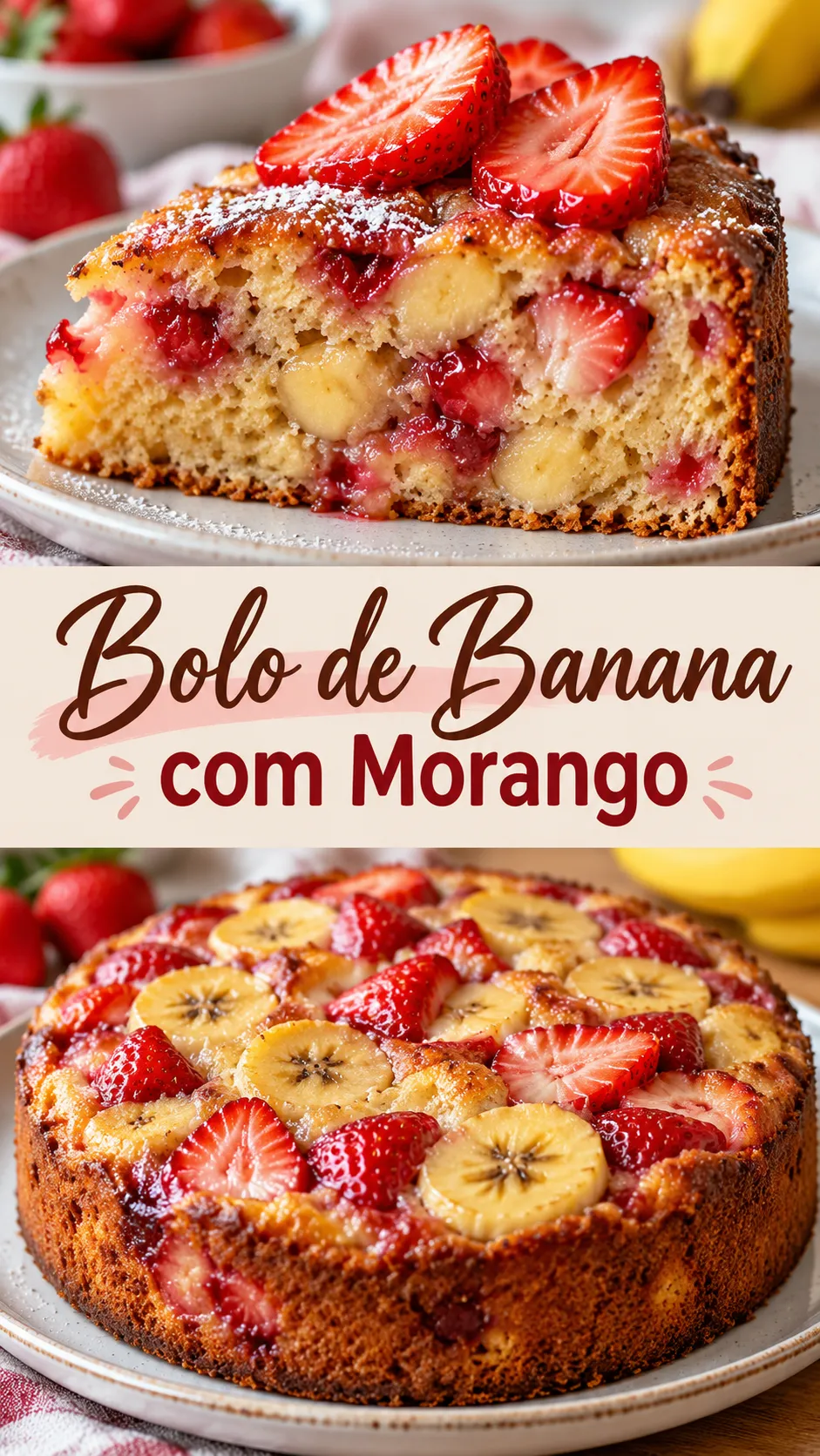 Imagem para o Pinterest com o título “Bolo de Banana com Morango” e duas fotos da receita