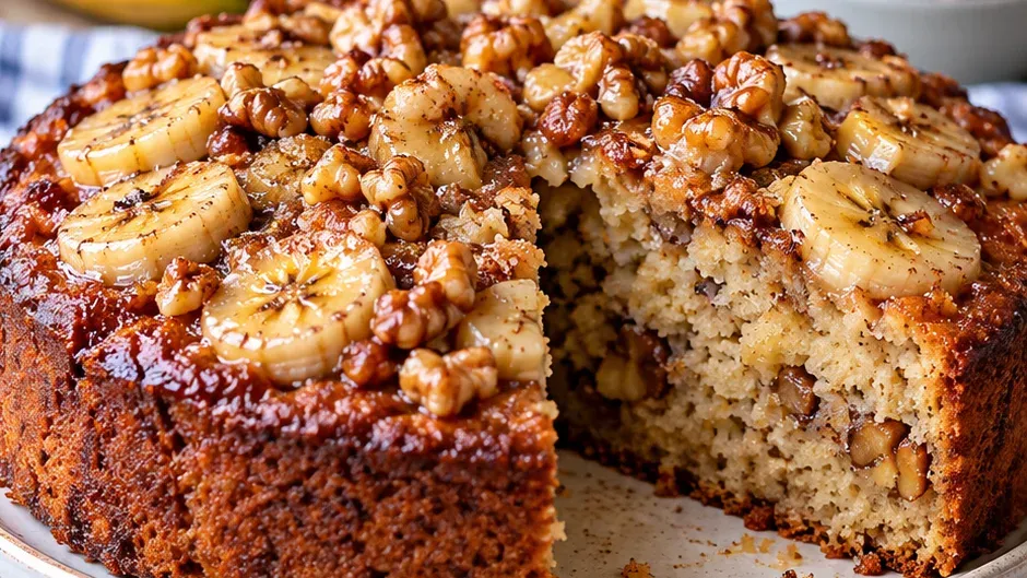 Foto de bolo de Banana com Nozes pronto para servir