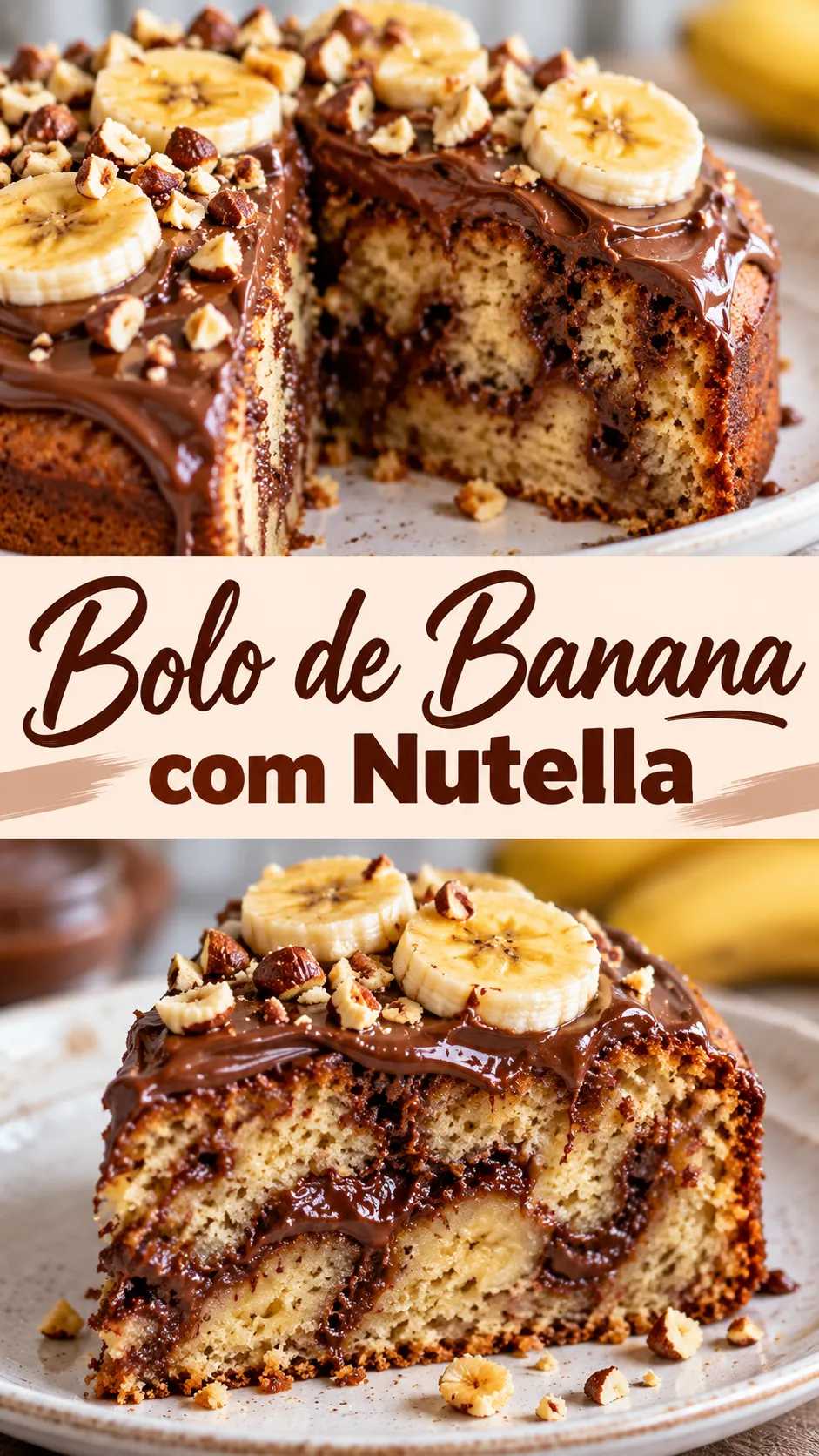 Imagem para o Pinterest com o título “Bolo de Banana com Nutella” e duas fotos da receita
