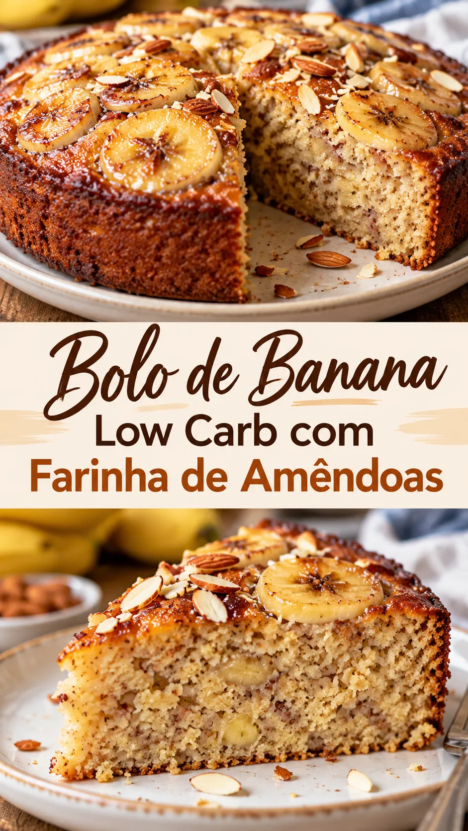 Imagem para o Pinterest com o título “Bolo de Banana Low Carb com Farinha de Amêndoas” e duas fotos da receita