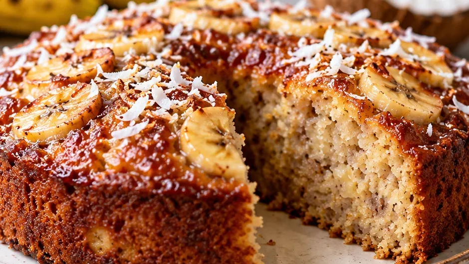 Foto de bolo de Banana Sem Lactose com Leite de Coco pronto para servir