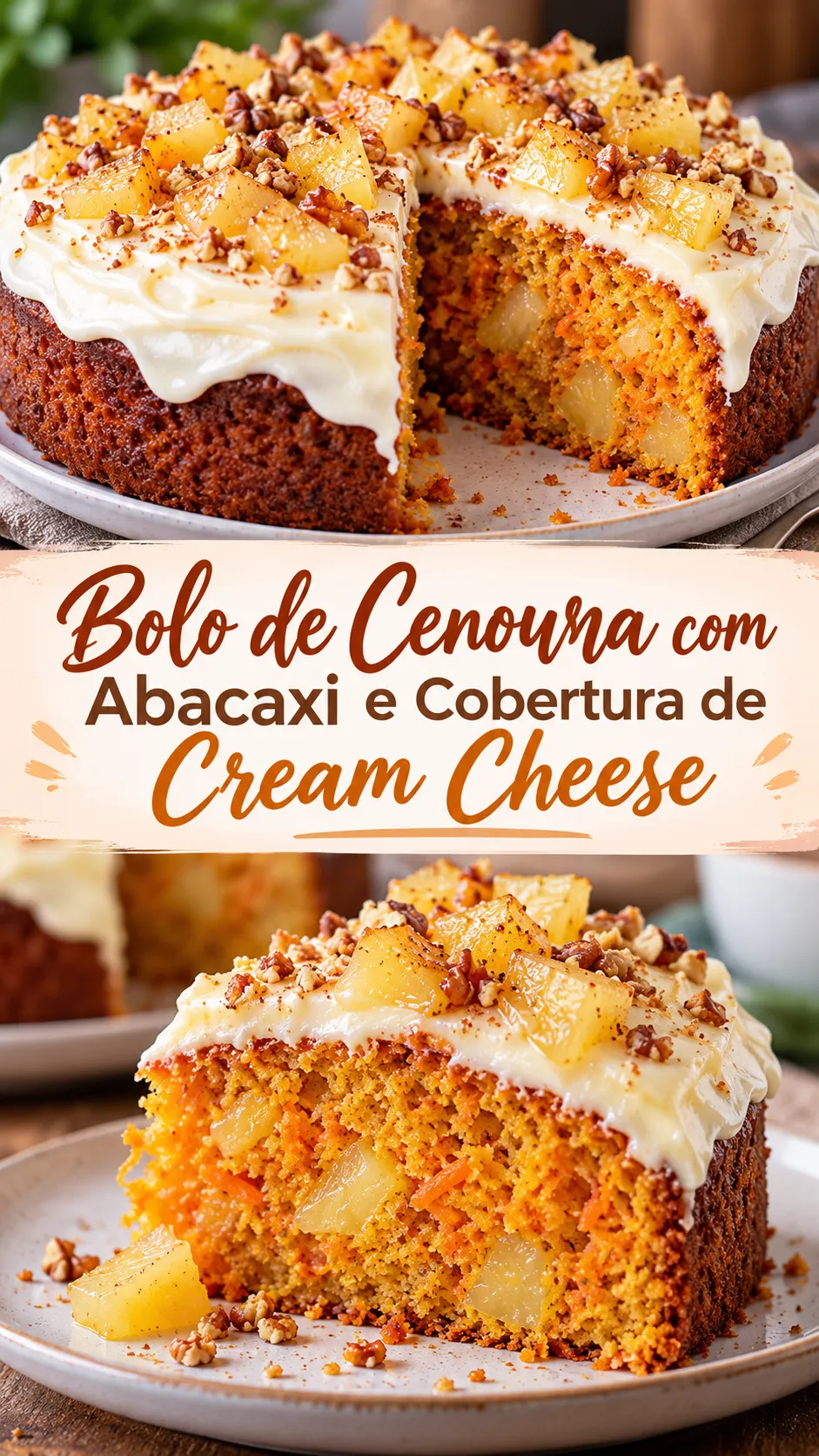 Imagem para o Pinterest com o título “Bolo de Cenoura com Abacaxi e Cobertura de Cream Cheese” e duas fotos da receita
