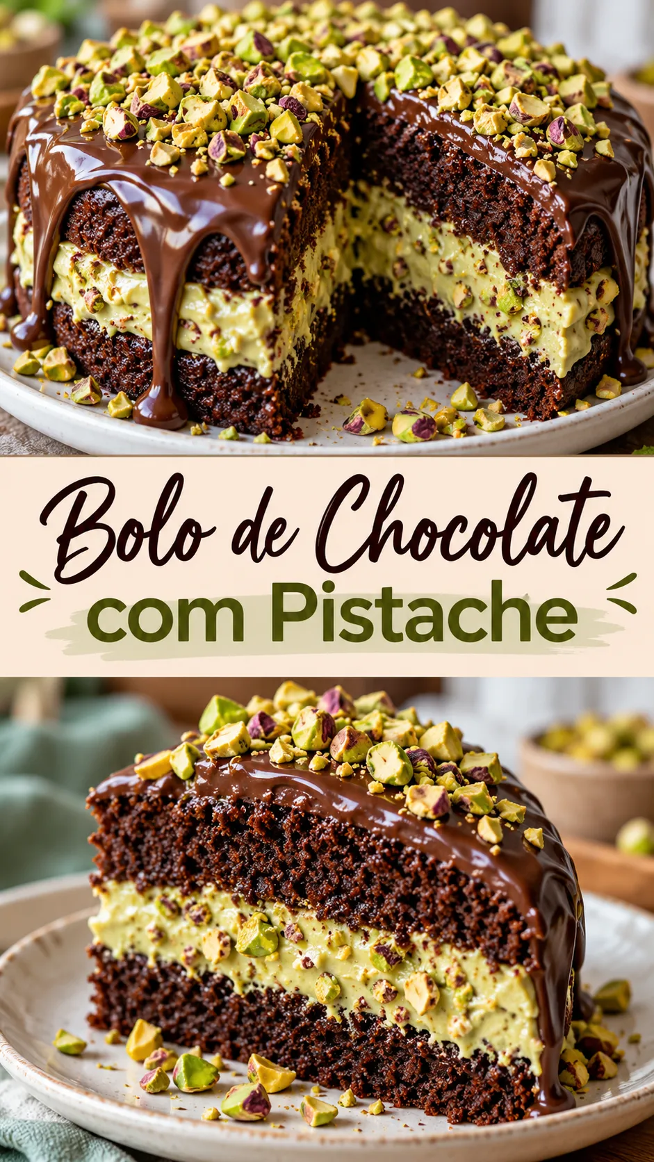 Imagem para o Pinterest com o título “Bolo de Chocolate com Pistache” e duas fotos da receita