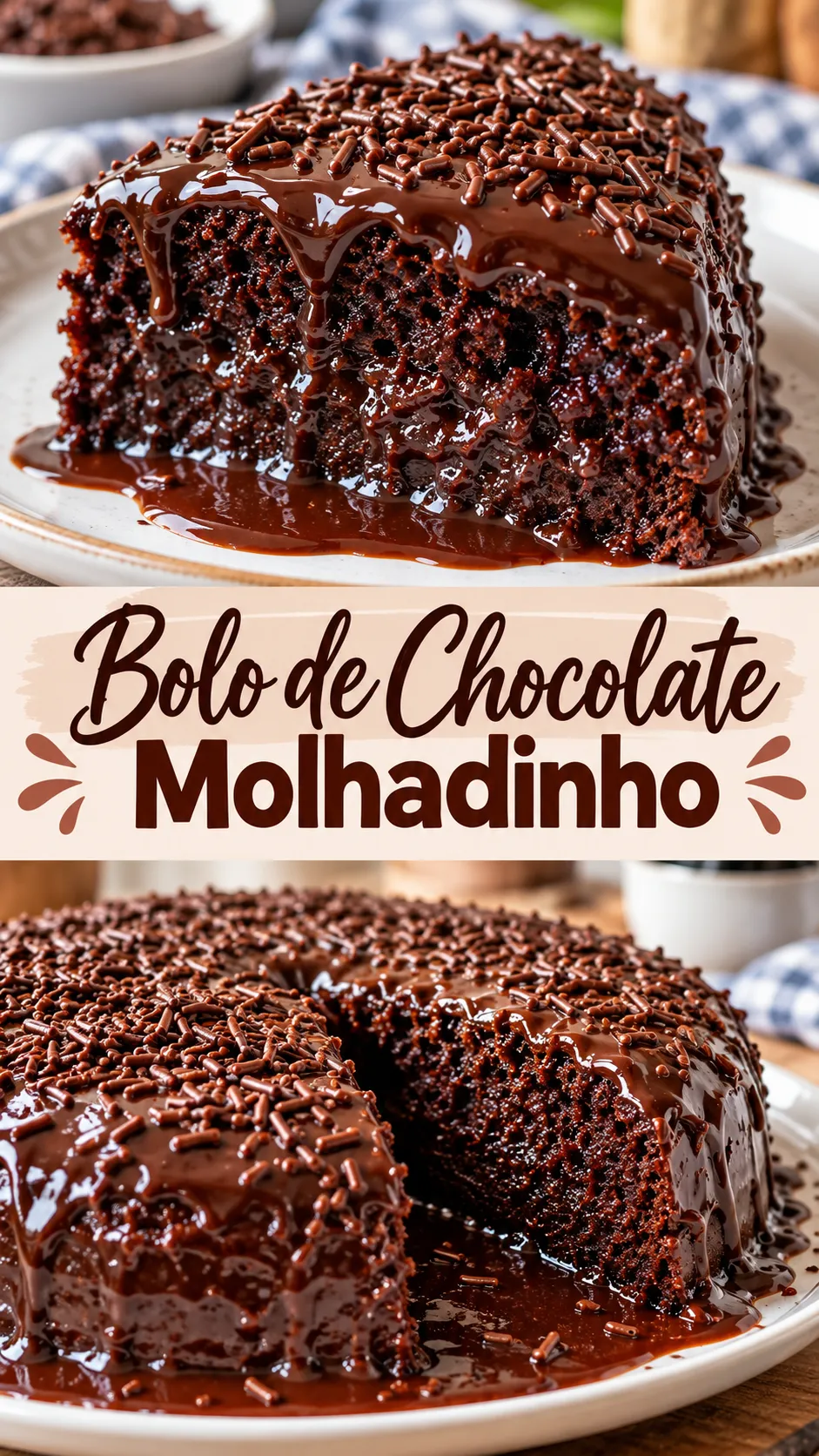 Imagem para o Pinterest com o título “Bolo de Chocolate Molhadinho” e duas fotos da receita