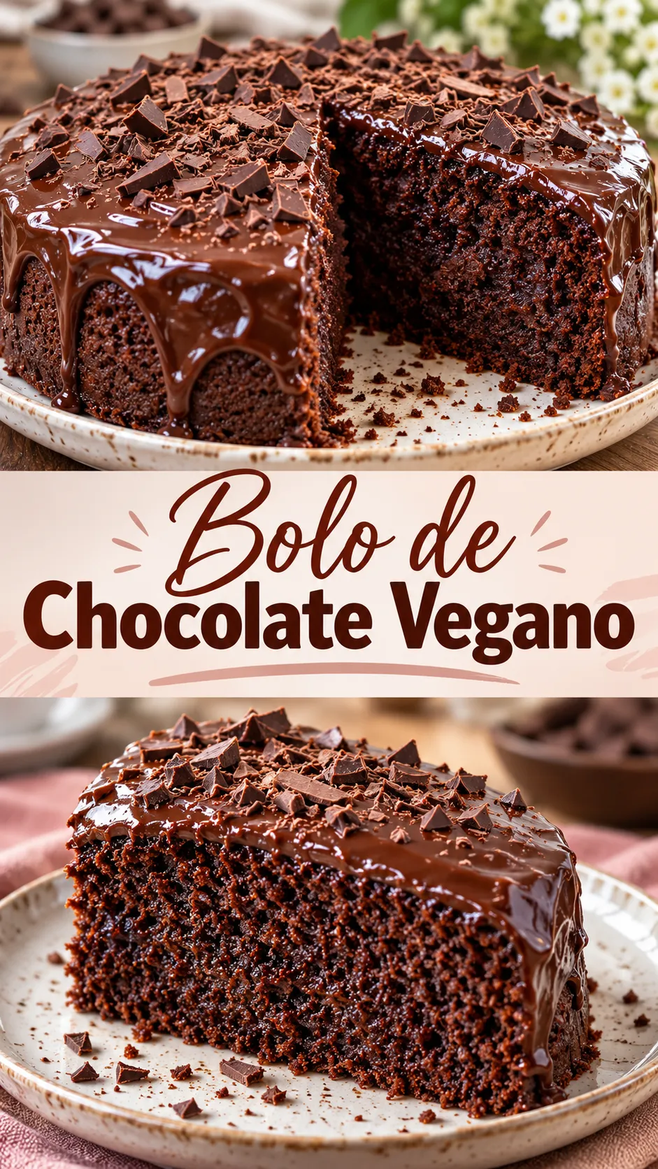 Imagem para o Pinterest com o título “Bolo de Chocolate Vegano” e duas fotos da receita