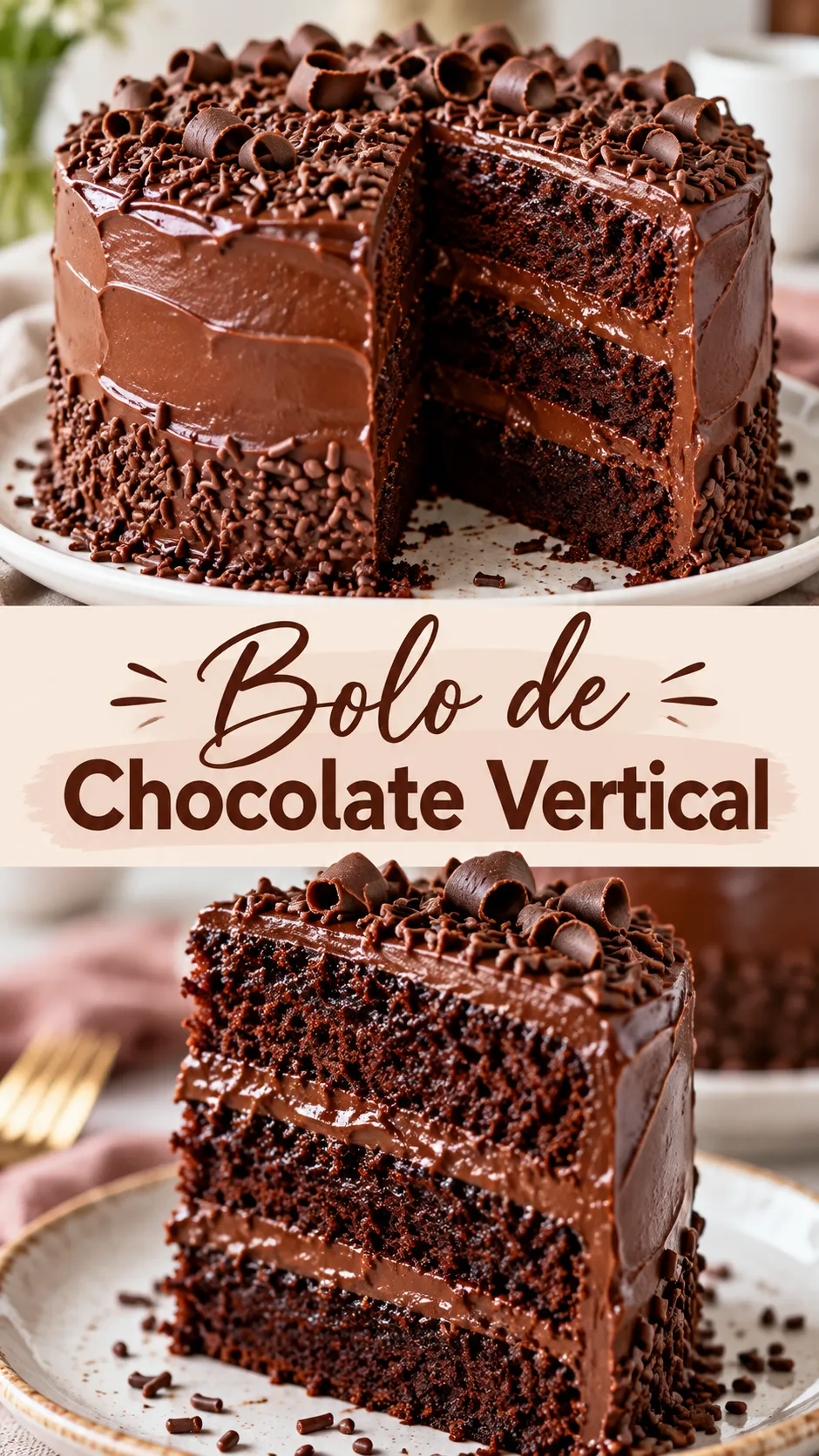 Imagem para o Pinterest com o título “Bolo de Chocolate Vertical” e duas fotos da receita