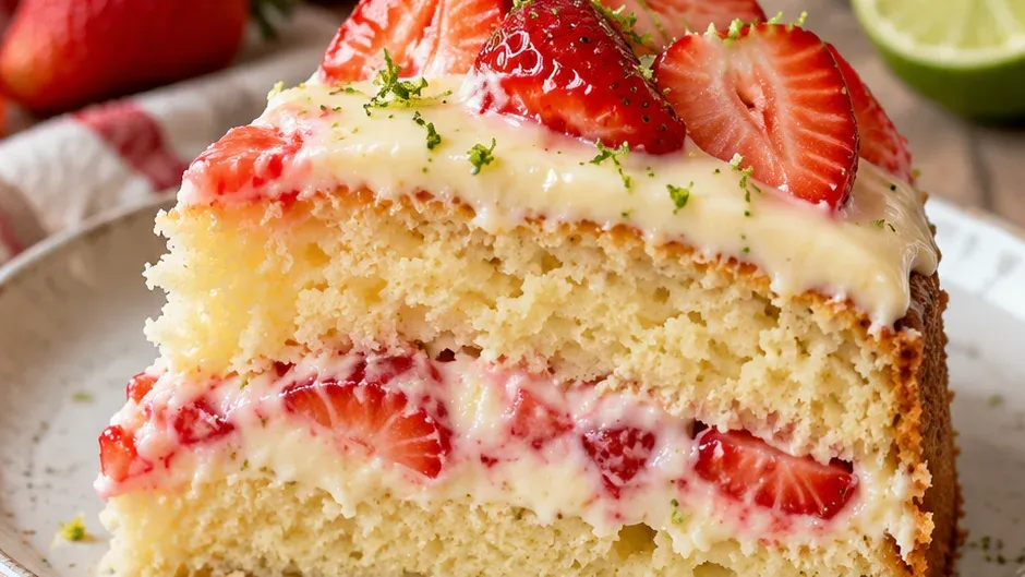 Foto de bolo de Limão com Morango Fofinho pronto para servir