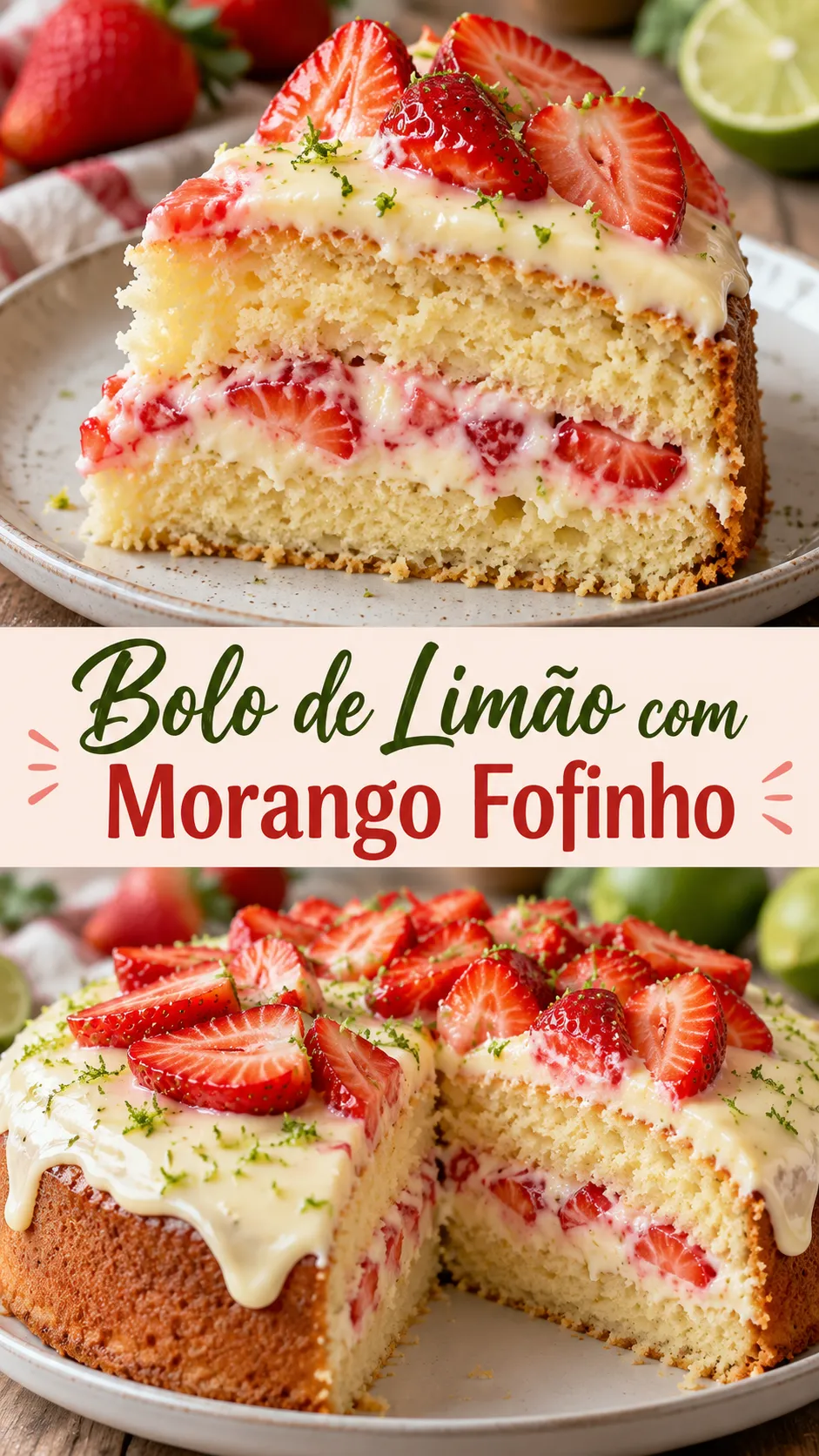 Imagem para o Pinterest com o título “Bolo de Limão com Morango Fofinho” e duas fotos da receita