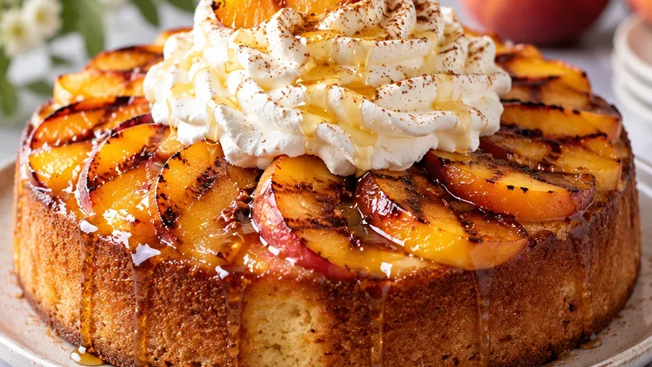 Foto de bolo de Pêssego Grelhado com Chantilly de Mel pronto para servir