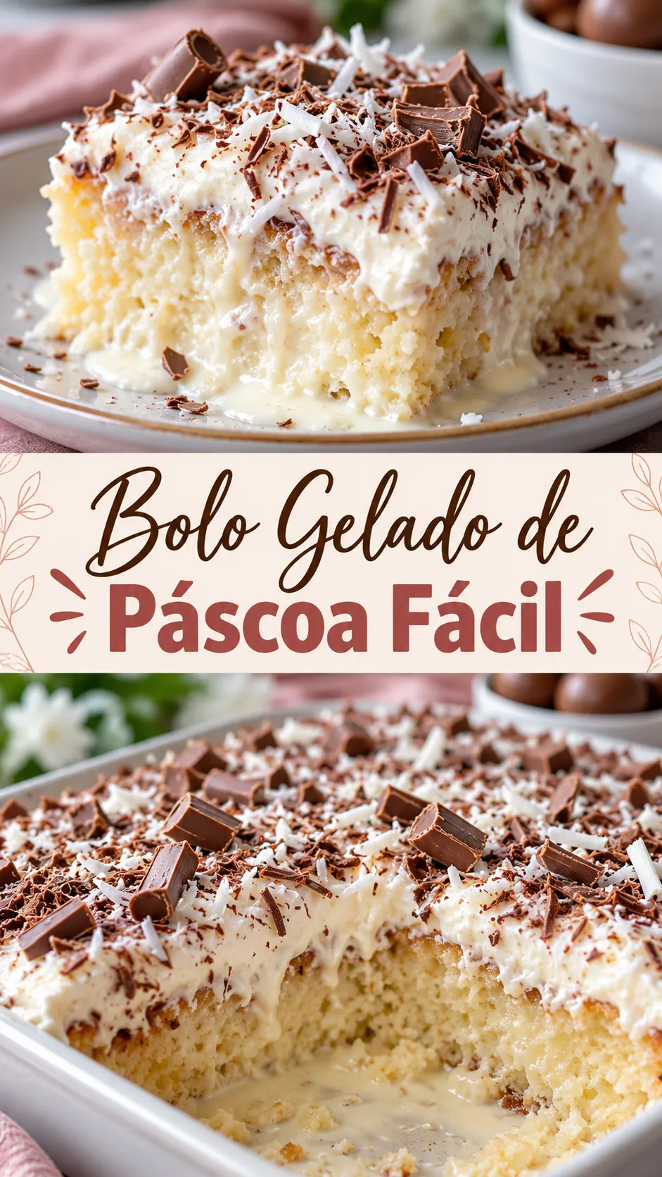Imagem para o Pinterest com o título “Bolo Gelado de Páscoa Fácil” e duas fotos da receita