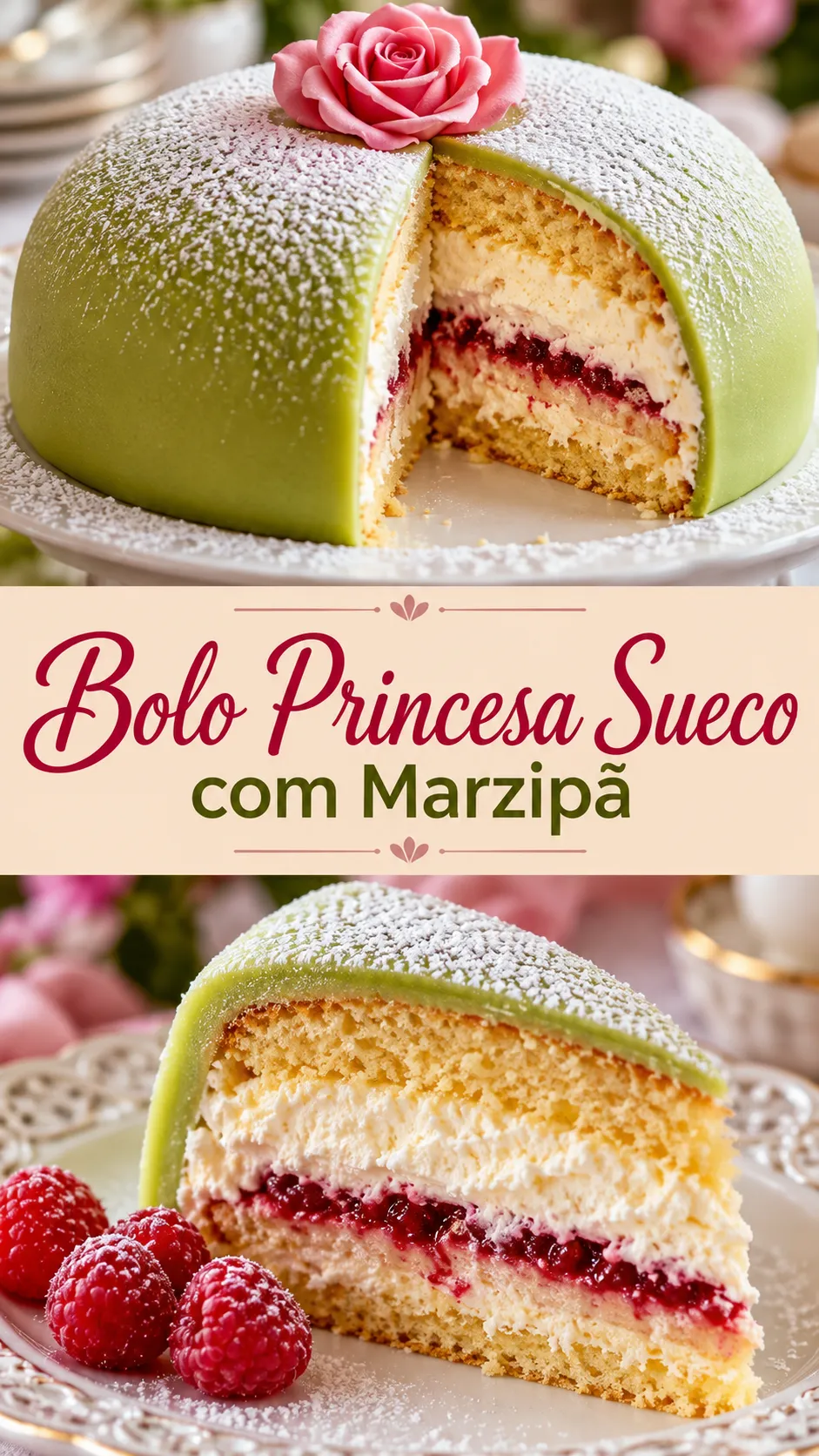 Imagem para o Pinterest com o título “Bolo Princesa Sueco com Marzipã” e duas fotos da receita