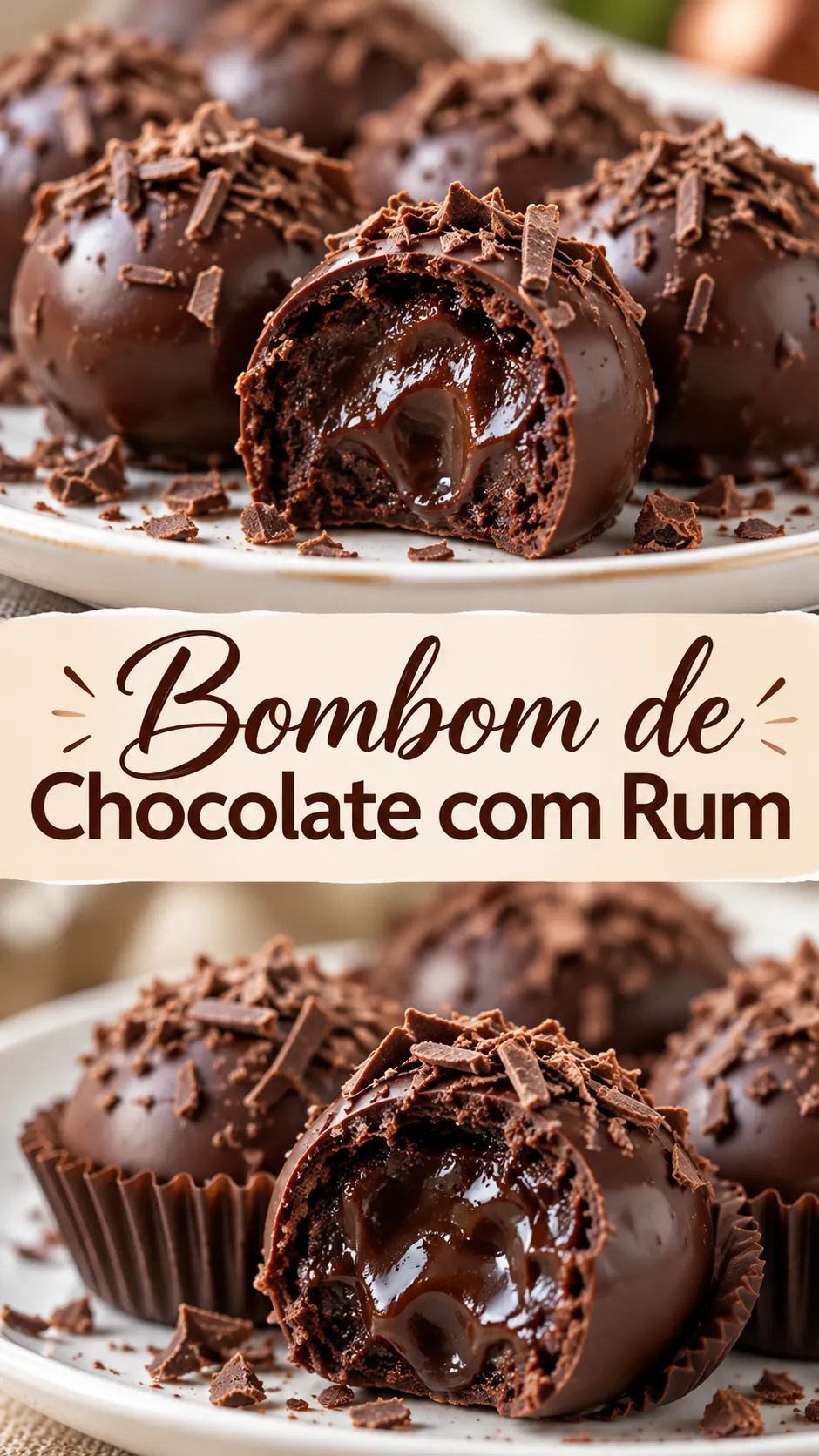 Imagem para o Pinterest com o título “Bombom de Chocolate com Rum” e duas fotos da receita