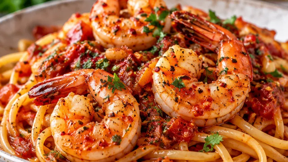 Foto de camarão Fra Diavolo com Macarrão Apimentado pronto para servir