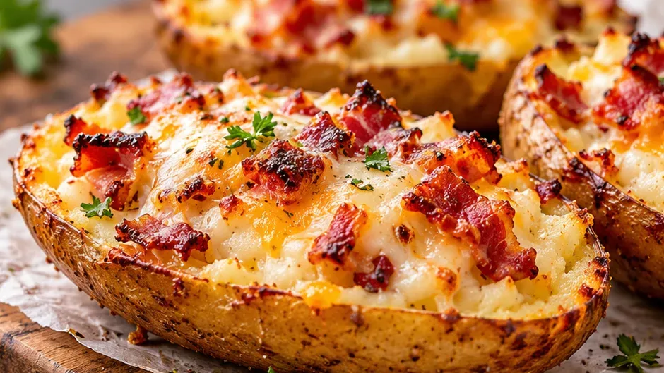 Foto de cascas de Batata Recheadas com Bacon e Queijo pronto para servir