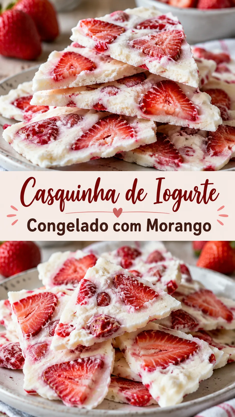 Imagem para o Pinterest com o título “Casquinha de Iogurte Congelado com Morango” e duas fotos da receita