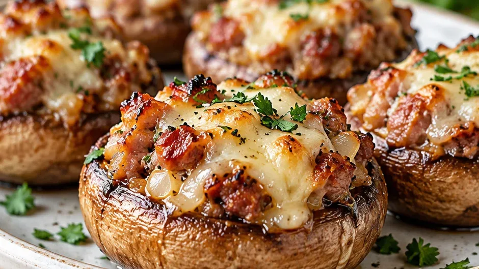 Foto de champignon Recheado com Linguiça pronto para servir