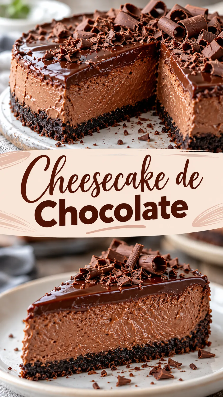 Imagem para o Pinterest com o título “Cheesecake de Chocolate” e duas fotos da receita