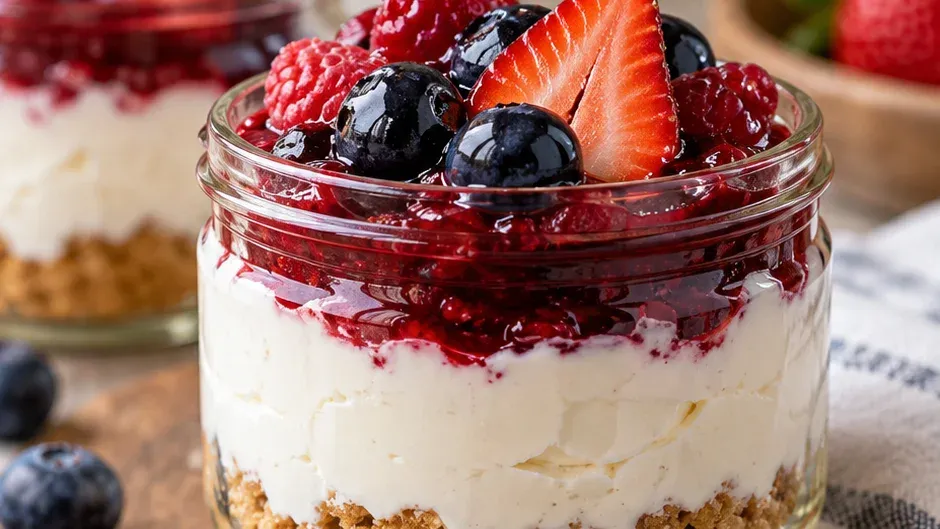 Foto de cheesecake de Iogurte Grego no Pote (Sem Forno) pronto para servir