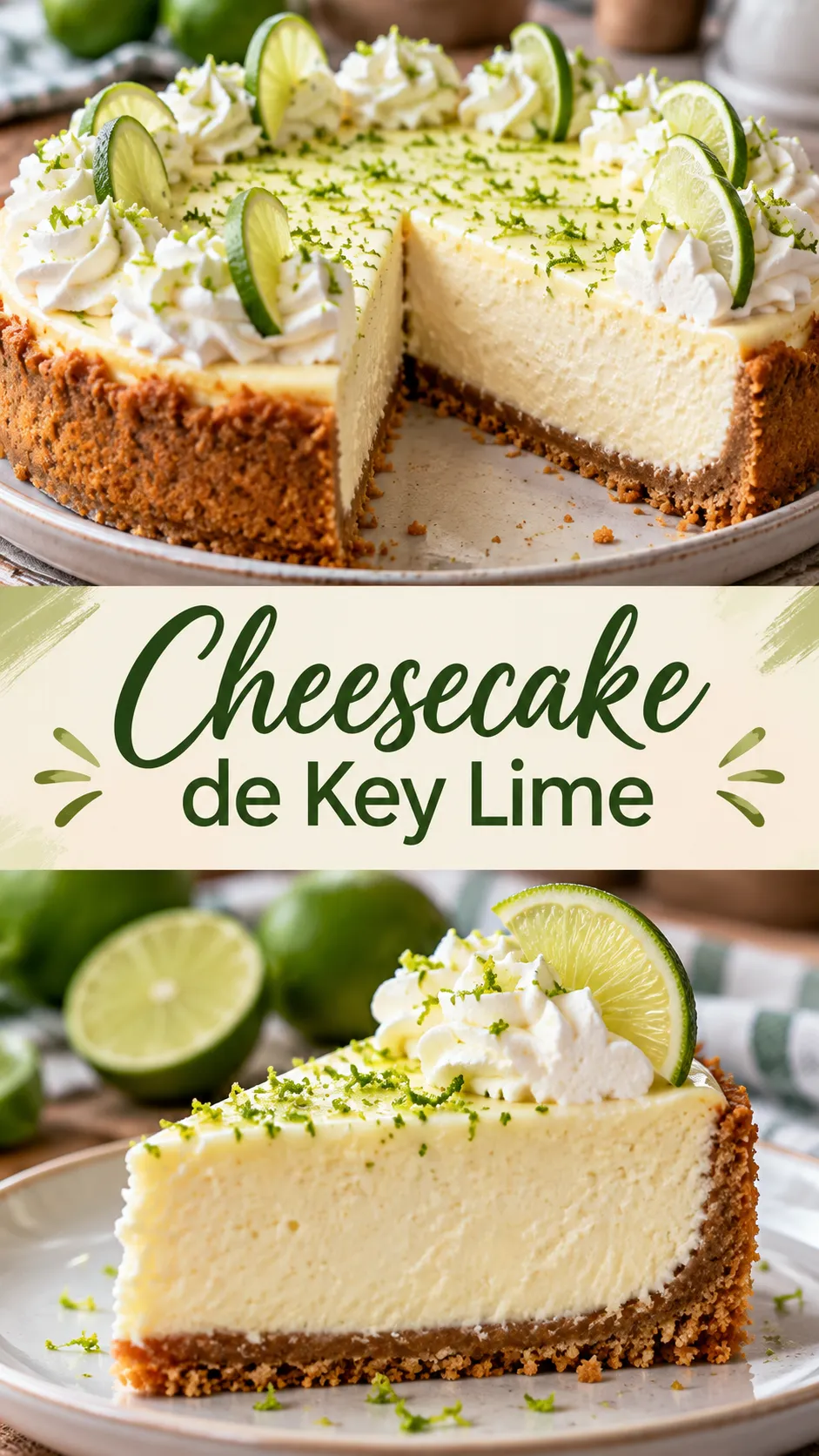 Imagem para o Pinterest com o título “Cheesecake de Key Lime” e duas fotos da receita