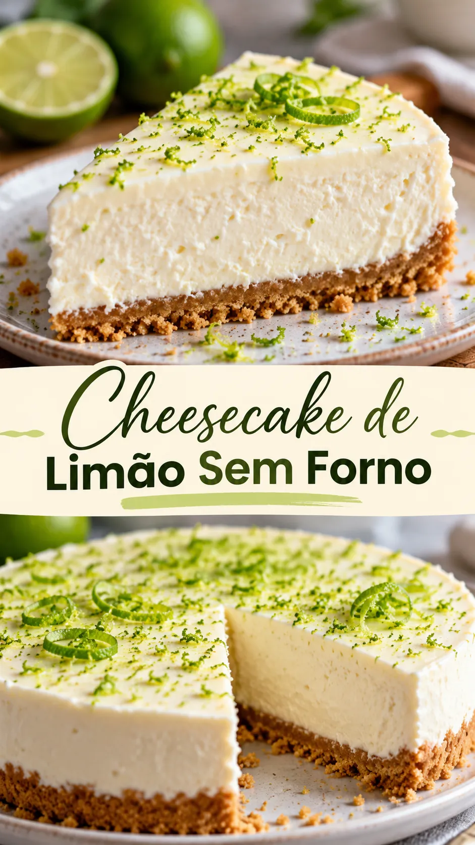 Imagem para o Pinterest com o título “Cheesecake de Limão Sem Forno” e duas fotos da receita