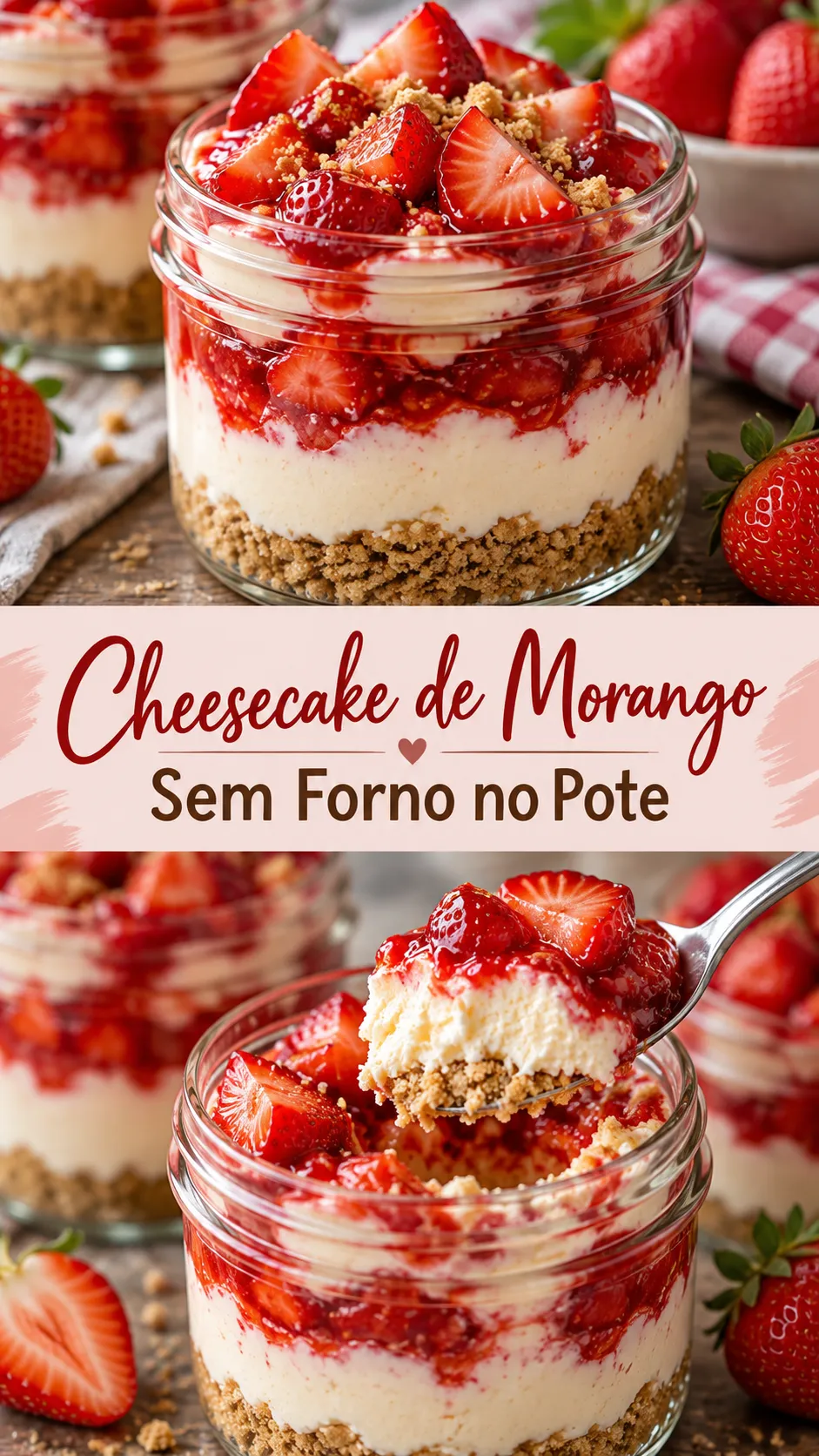 Imagem para o Pinterest com o título “Cheesecake de Morango Sem Forno no Pote” e duas fotos da receita