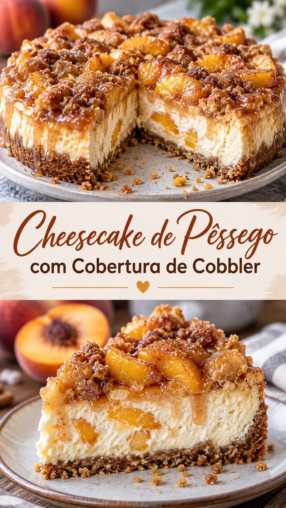 Imagem para o Pinterest com o título “Cheesecake de Pêssego com Cobertura de Cobbler” e duas fotos da receita