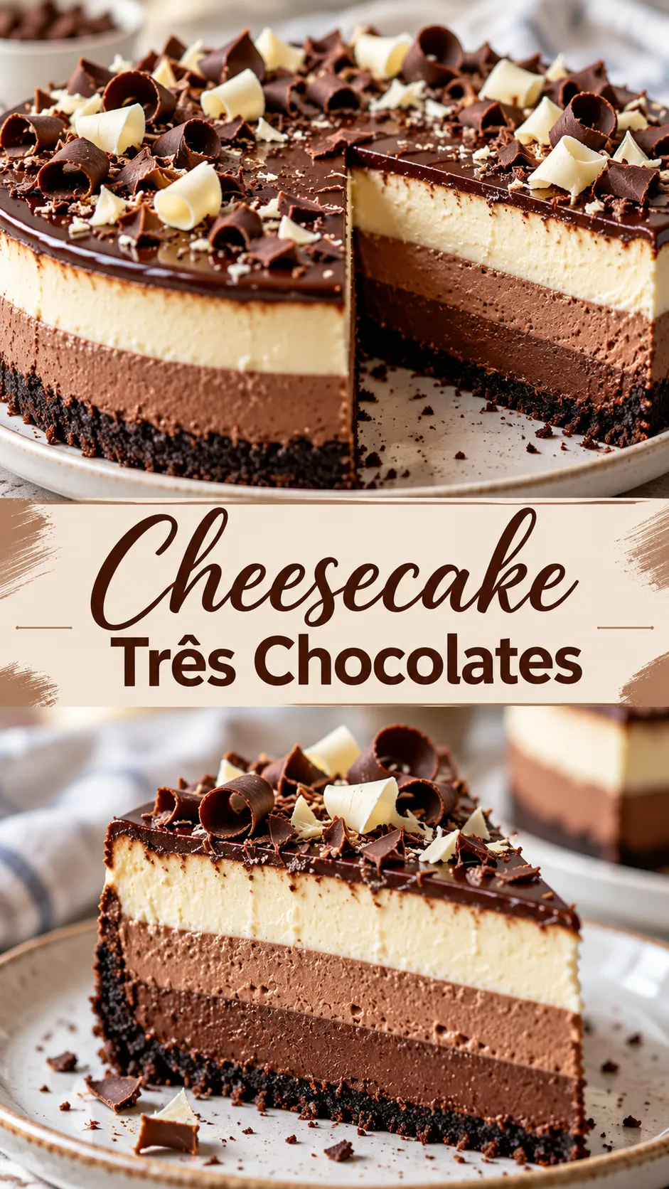 Imagem para o Pinterest com o título “Cheesecake Três Chocolates” e duas fotos da receita