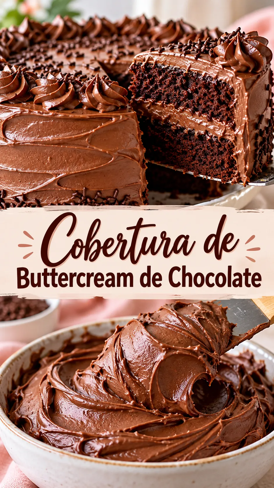Imagem para o Pinterest com o título “Cobertura de Buttercream de Chocolate” e duas fotos da receita