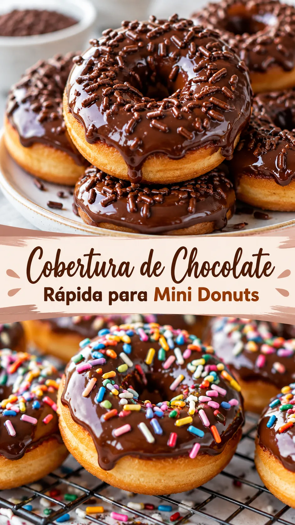 Imagem para o Pinterest com o título “Cobertura de Chocolate Rápida para Mini Donuts” e duas fotos da receita