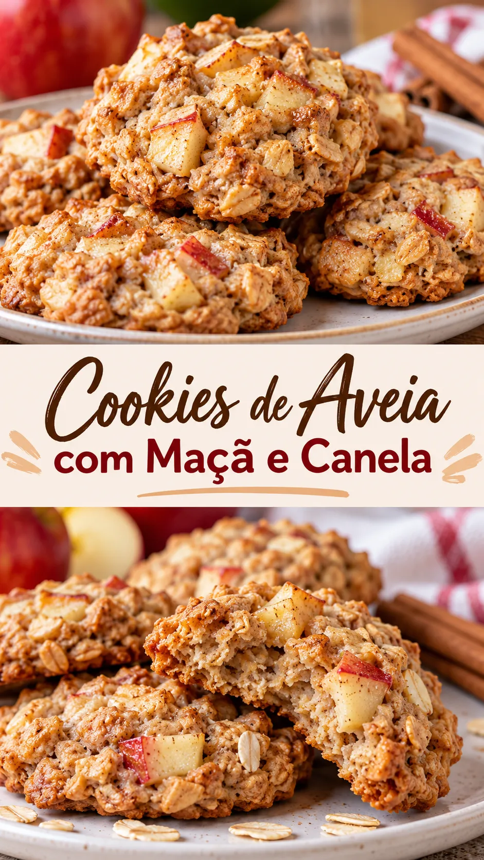 Imagem para o Pinterest com o título “Cookies de Aveia com Maçã e Canela” e duas fotos da receita