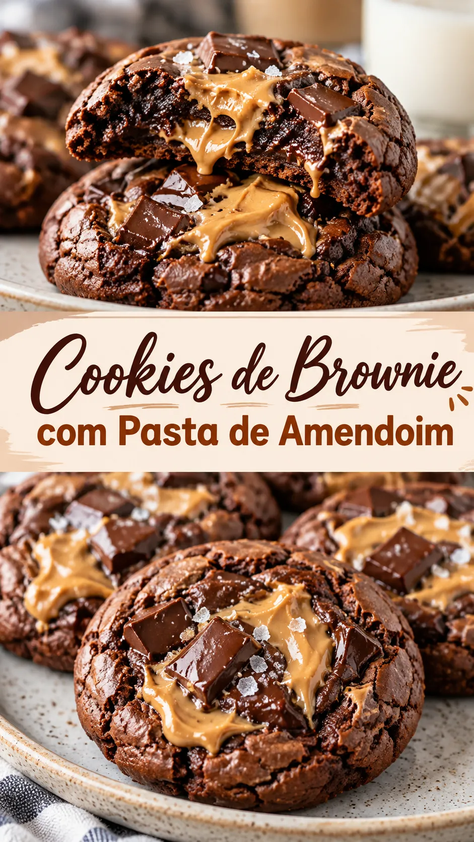 Imagem para o Pinterest com o título “Cookies de Brownie com Pasta de Amendoim” e duas fotos da receita