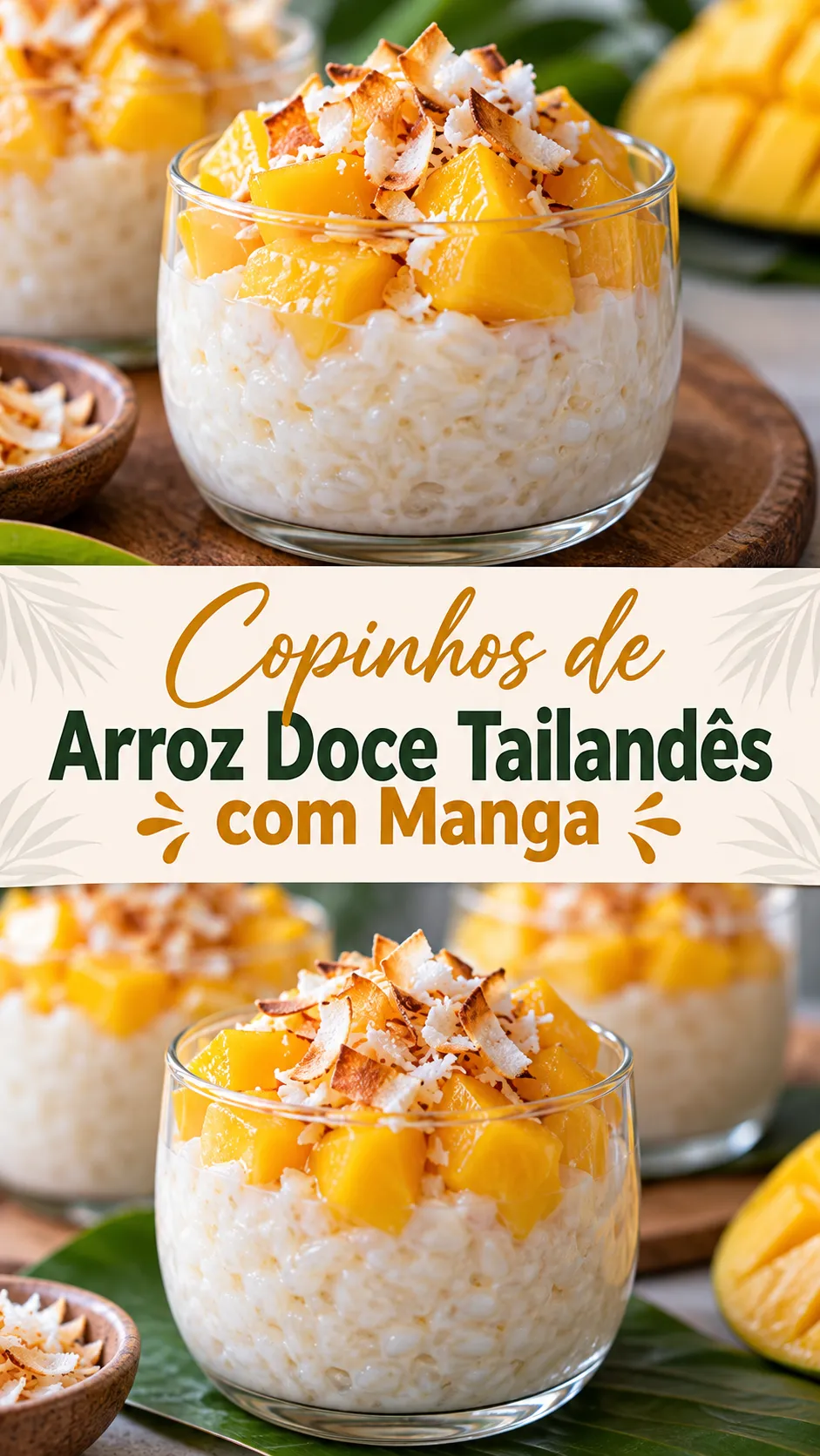 Imagem para o Pinterest com o título “Copinhos de Arroz Doce Tailandês com Manga” e duas fotos da receita