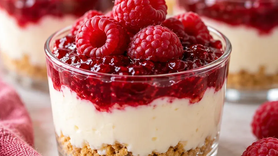 Foto de copinhos de Cheesecake de Framboesa Sem Forno pronto para servir
